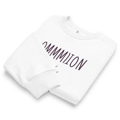 White t-shirt with black text on a white background