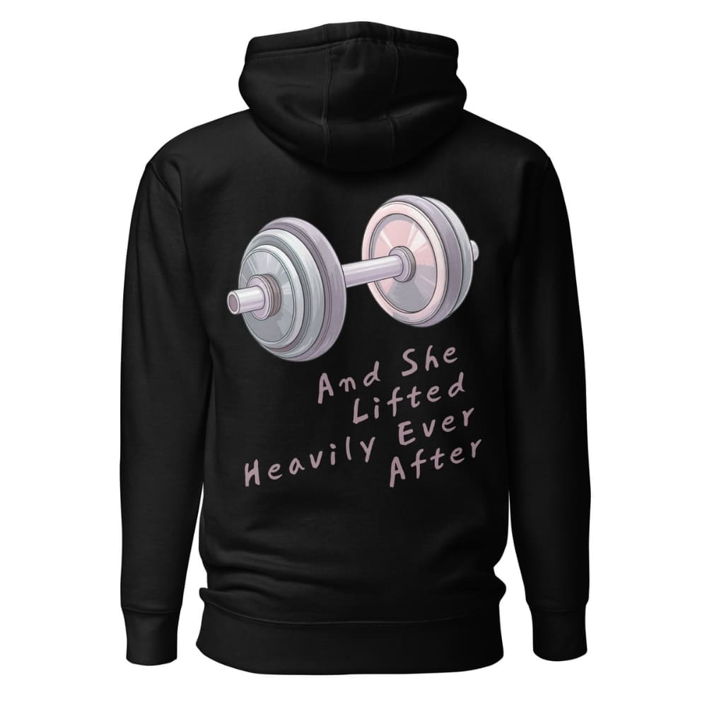Black hoodie with a graphic of a barbell and text on the back, on a white background