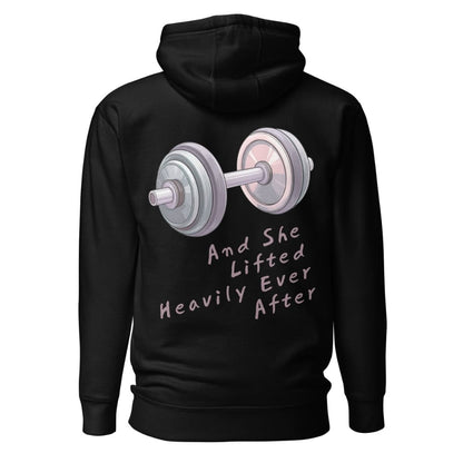 Black hoodie with a graphic of a barbell and text on the back, on a white background