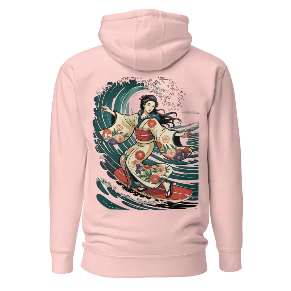 Pink hoodie with a colorful graphic of a woman in a kimono on the back, on a white background.