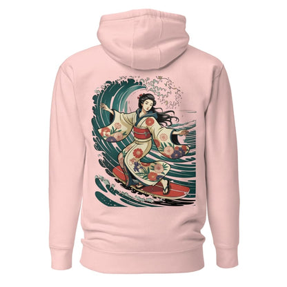 Pink hoodie with a colorful graphic of a woman in a kimono on the back, on a white background.
