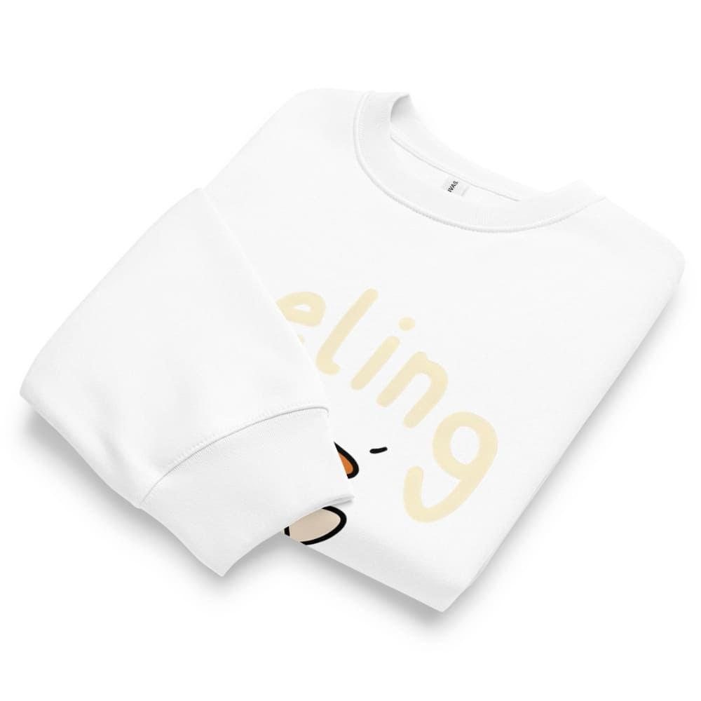 White t-shirt with yellow text and a small graphic on a white background