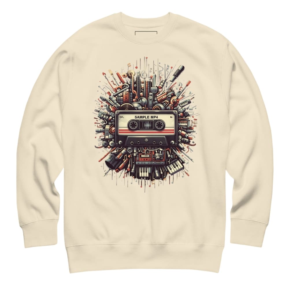 Beige sweatshirt with a cassette tape graphic design on a white background