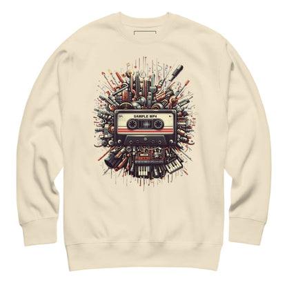 Beige sweatshirt with a cassette tape graphic design on a white background