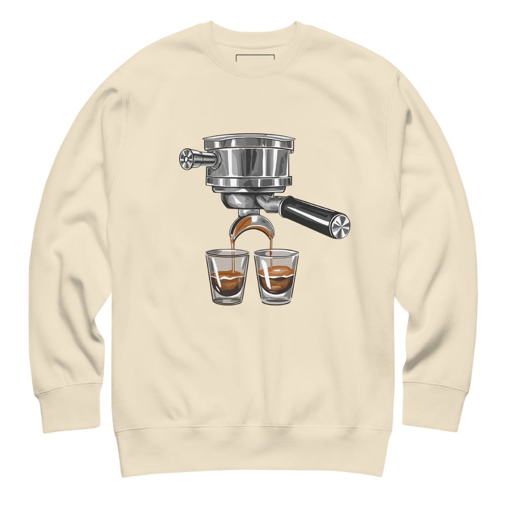 Beige sweatshirt with a coffee-themed graphic on the back