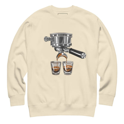 Beige sweatshirt with a coffee-themed graphic on the back