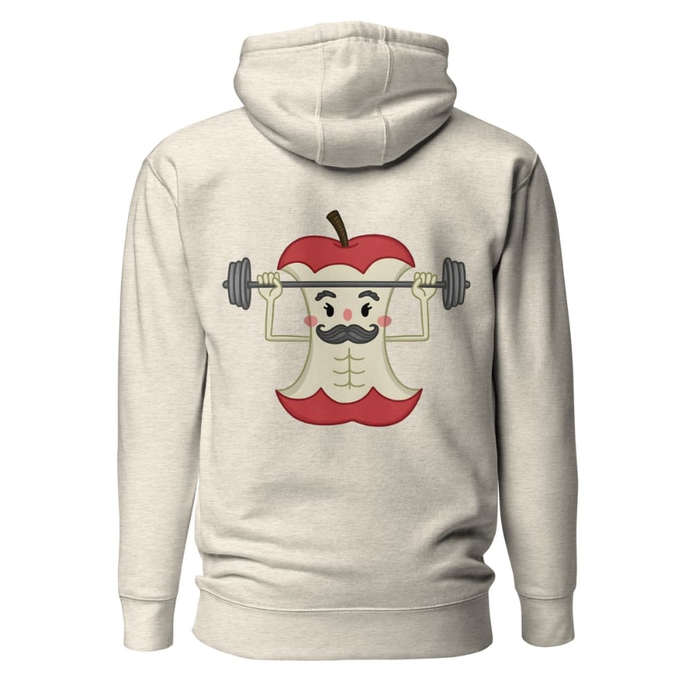 Beige hoodie with a cartoon apple lifting weights design on the back against a white background