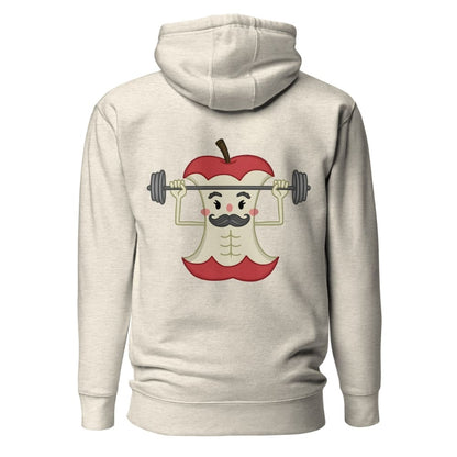 Beige hoodie with a cartoon apple lifting weights design on the back against a white background