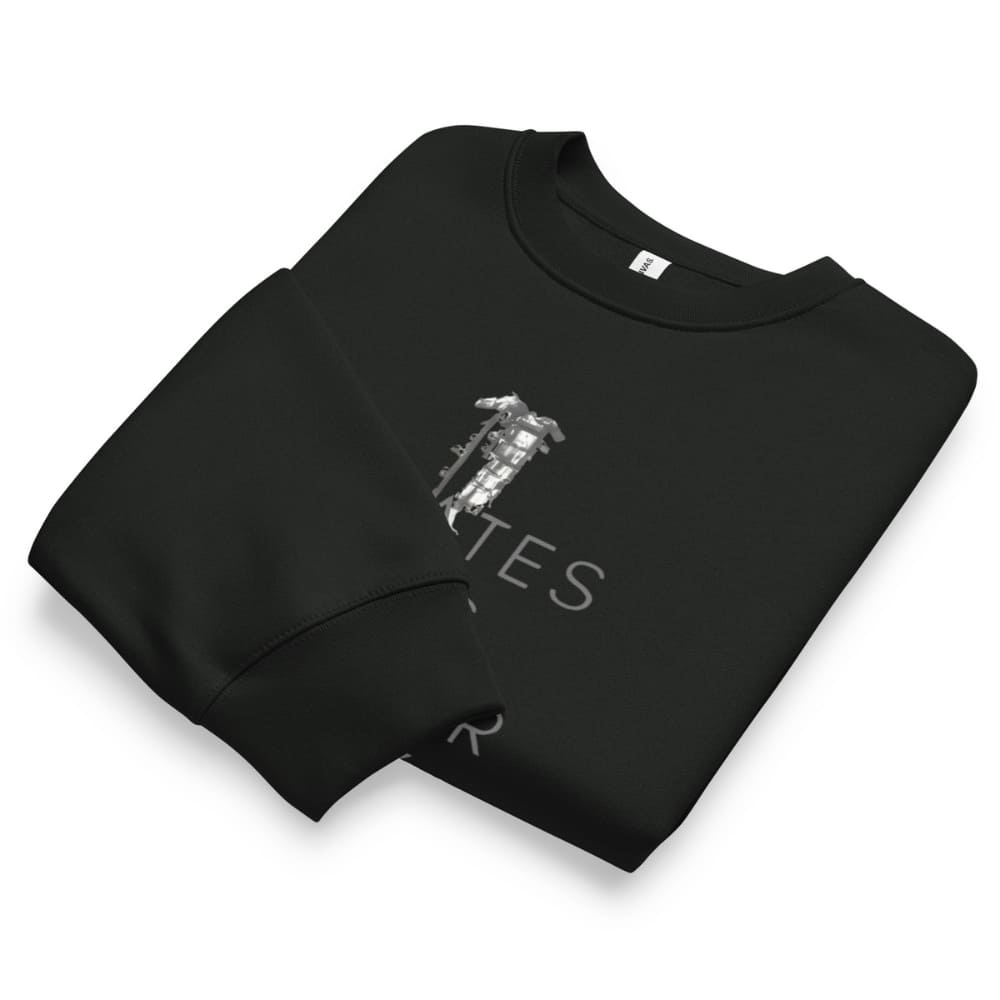 Folded black sweatshirt with white text and graphics on a white background