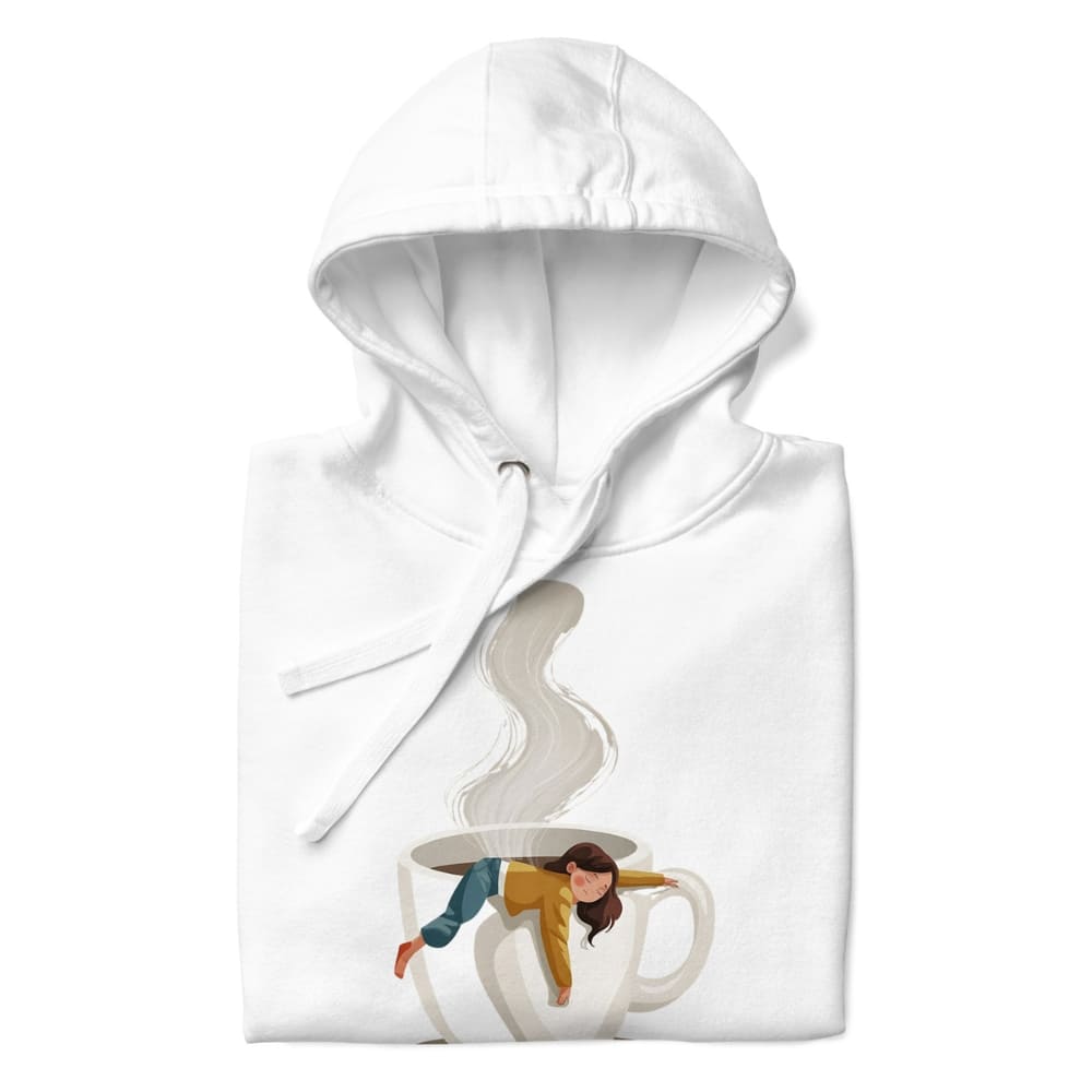White hoodie with a design of a person in a coffee cup and steam