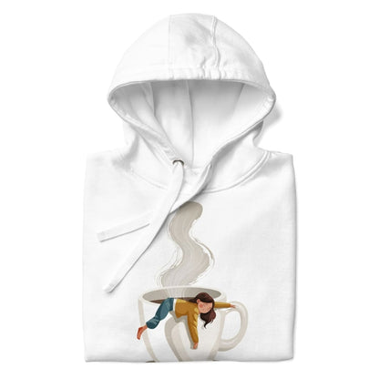 White hoodie with a design of a person in a coffee cup and steam