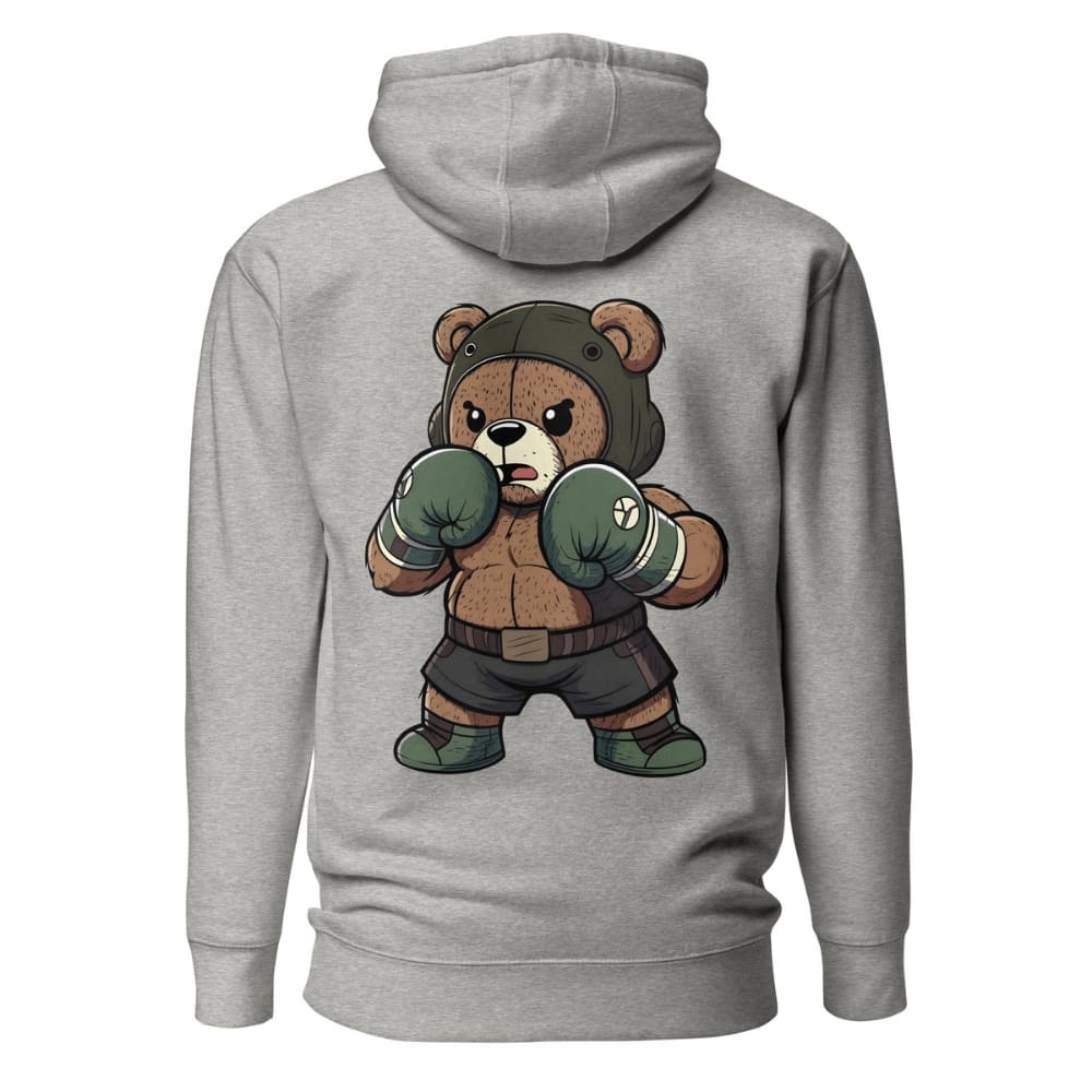 Gray hoodie with a bear character wearing boxing gloves on the back, on a white background