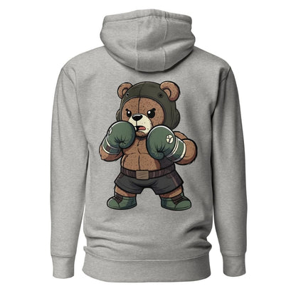 Gray hoodie with a bear character wearing boxing gloves on the back, on a white background