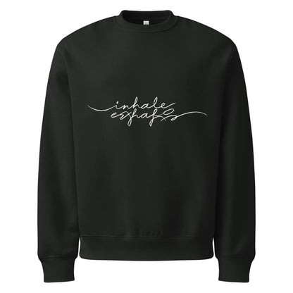 Black sweatshirt with 'inhale exhale' text on a white background
