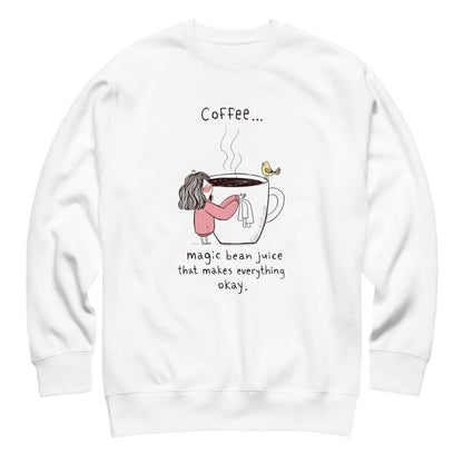 White sweatshirt with a cartoon design of a person holding a coffee cup and text on a white background