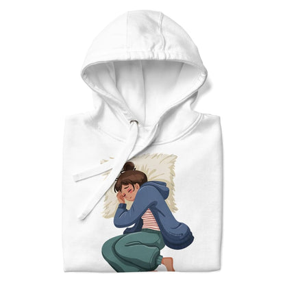 White hoodie with an illustration of a person sitting on angel wings on a white background