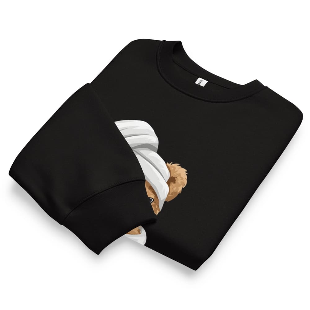 Black sweatshirt with a teddy bear design wearing a hijab on a white background