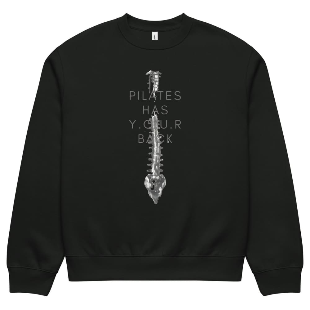 Black sweatshirt with a white spine graphic and text on a white background