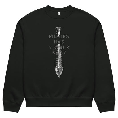 Black sweatshirt with a white spine graphic and text on a white background
