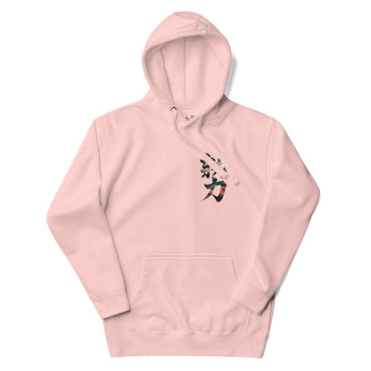 Pink hoodie with black and red design on a white background