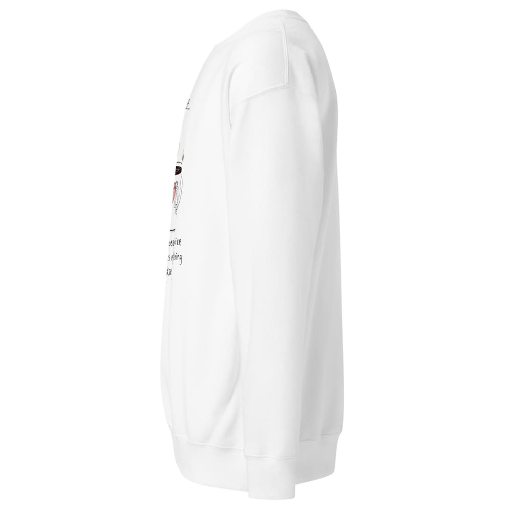 White sweatshirt with text on the sleeve against a white background