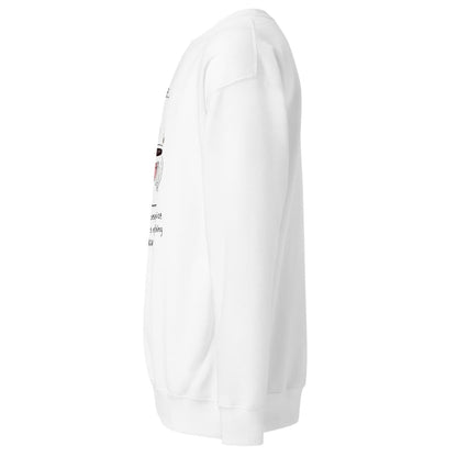 White sweatshirt with text on the sleeve against a white background