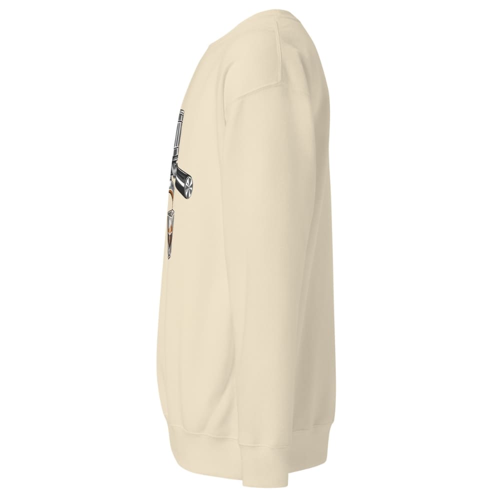 Beige hoodie with a small graphic on the sleeve against a white background