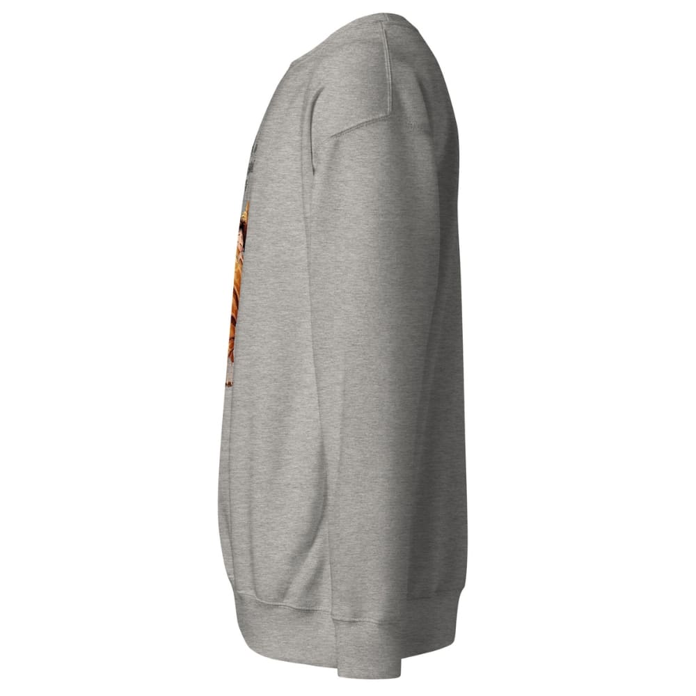 Gray sweatshirt with a colorful graphic on the sleeve against a white background