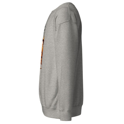 Gray sweatshirt with a colorful graphic on the sleeve against a white background