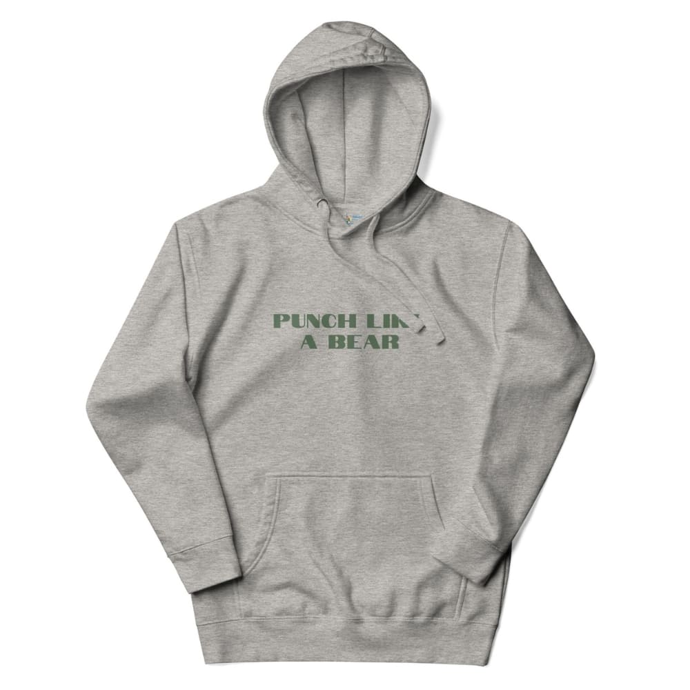 Gray hoodie with 'Punch Like a Bear' text on a white background