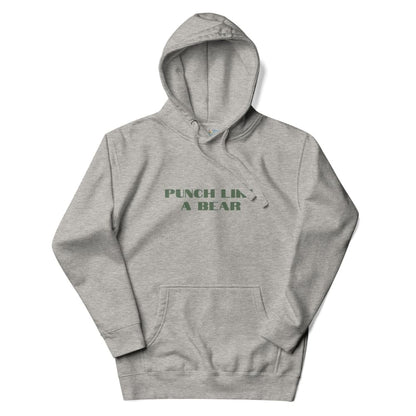 Gray hoodie with 'Punch Like a Bear' text on a white background