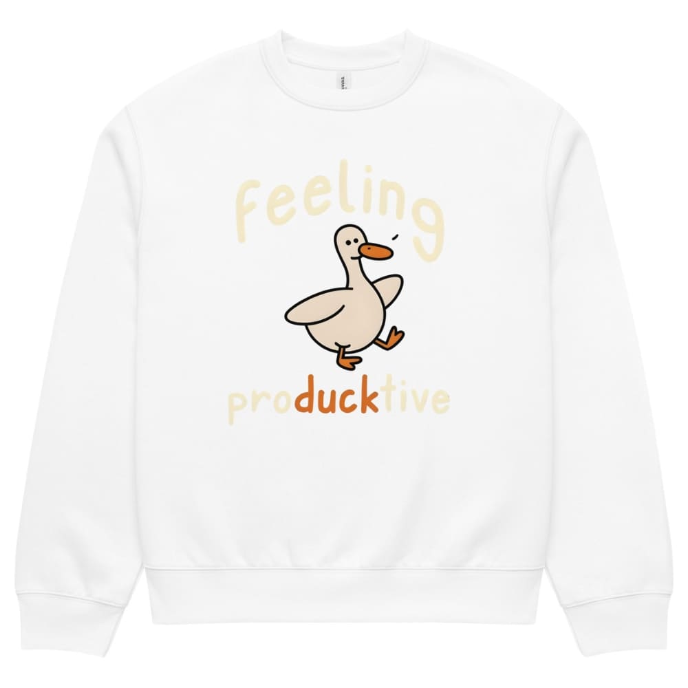 White sweatshirt with a cartoon duck and text on a white background