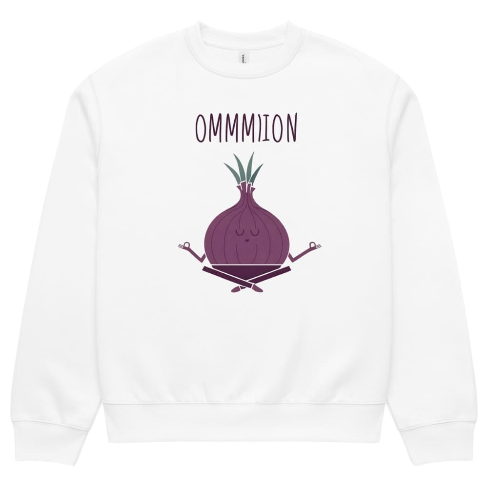 White sweatshirt with a purple onion graphic and 'OMMMION' text on a white background