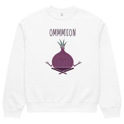 White sweatshirt with a purple onion graphic and 'OMMMION' text on a white background