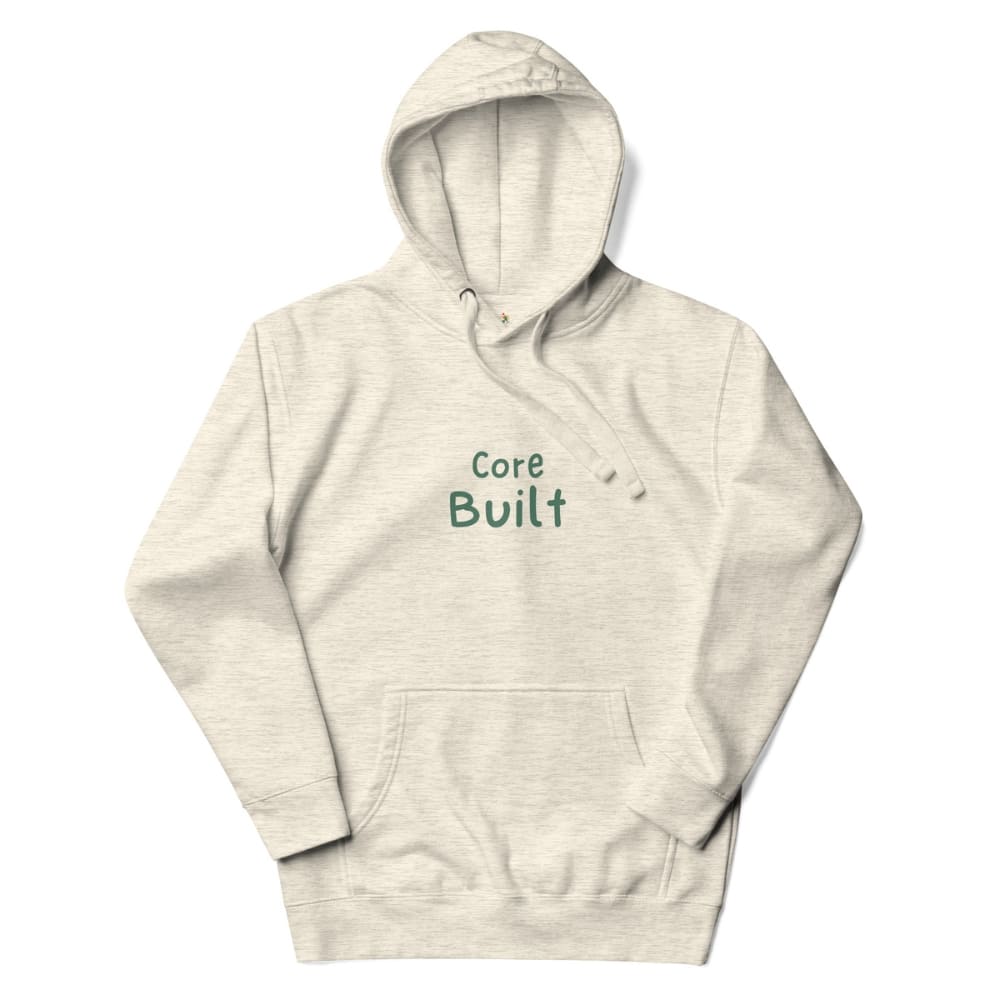 Beige hoodie with 'Core Built' text on a white background