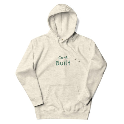 Beige hoodie with 'Core Built' text on a white background