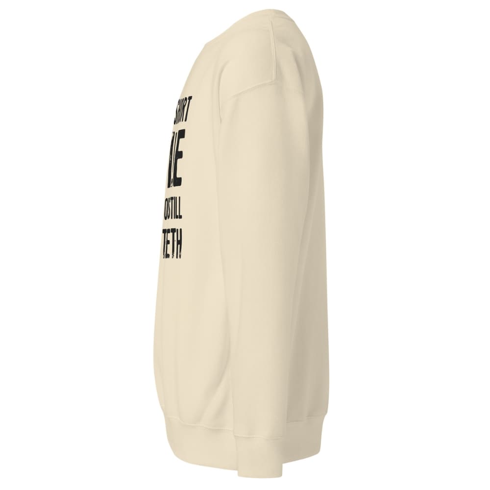 Beige sweatshirt with text on the sleeve against a white background