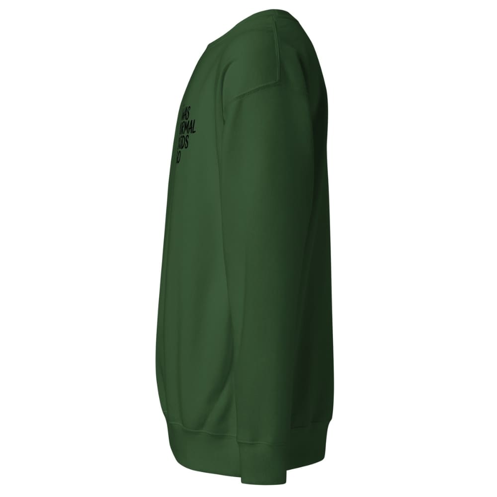 Green sweatshirt with text on the sleeve against a white background