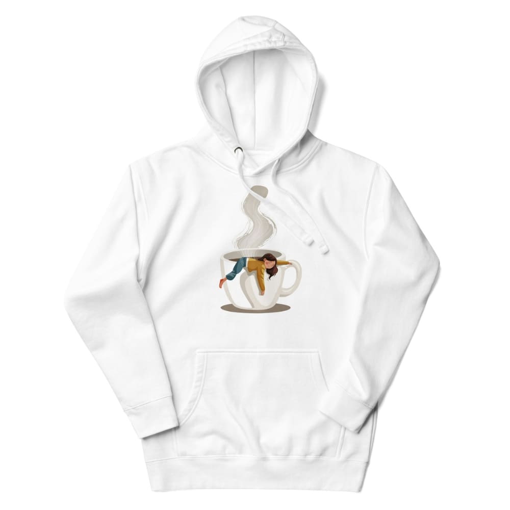 White hoodie with a graphic of a person inside a coffee cup on a white background
