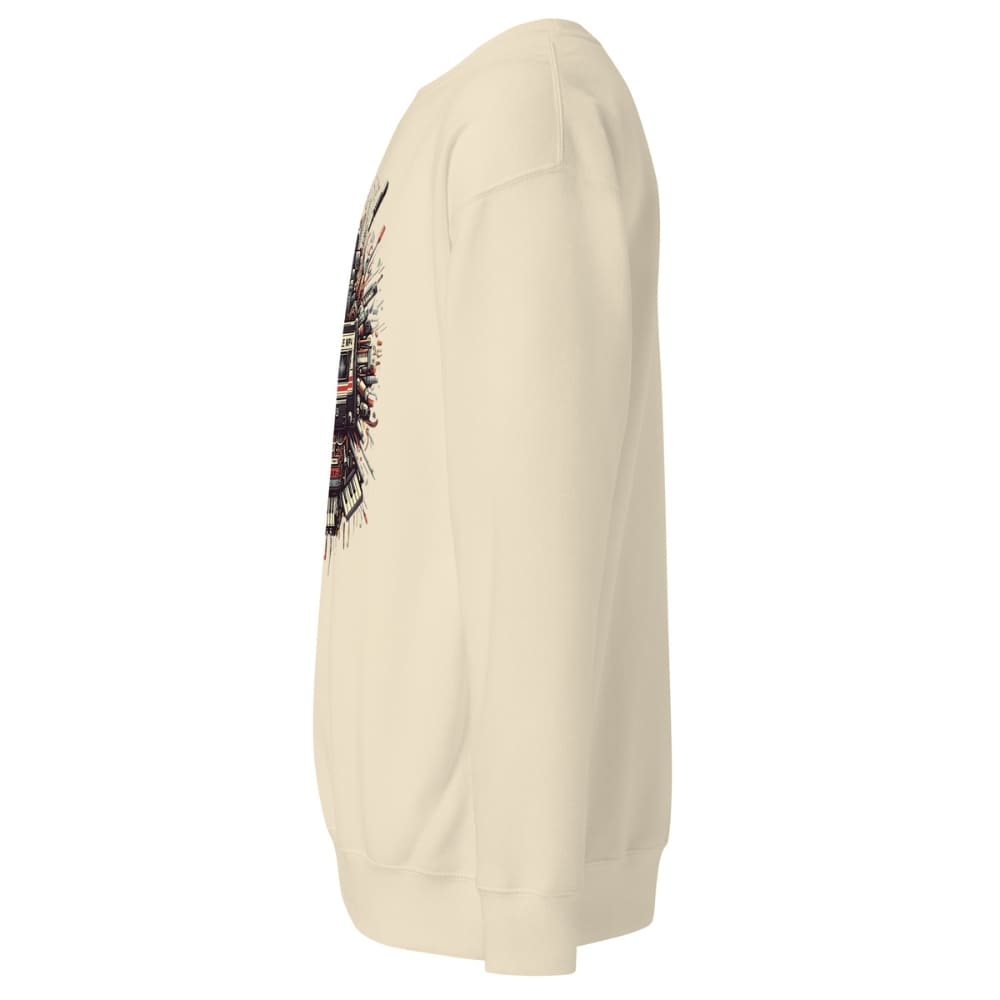 Beige sweatshirt with a colorful graphic on the sleeve against a white background