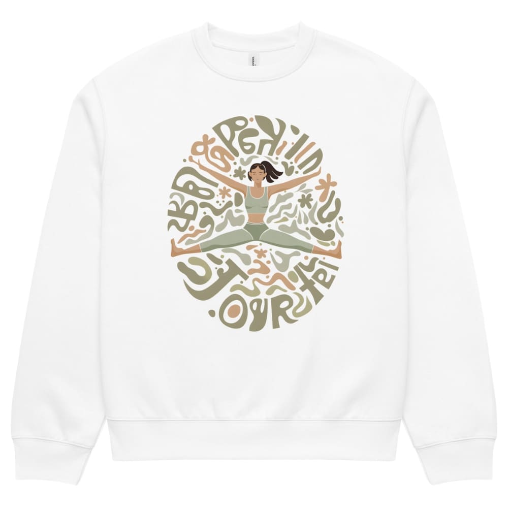 White sweatshirt with a colorful graphic of a woman in a yoga pose and text on a white background