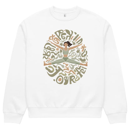 White sweatshirt with a colorful graphic of a woman in a yoga pose and text on a white background