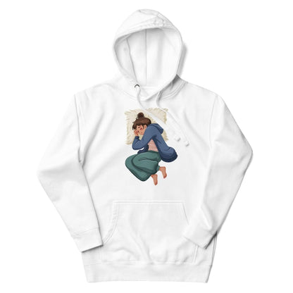 White hoodie with a graphic of a woman sitting on a heart design on a white background