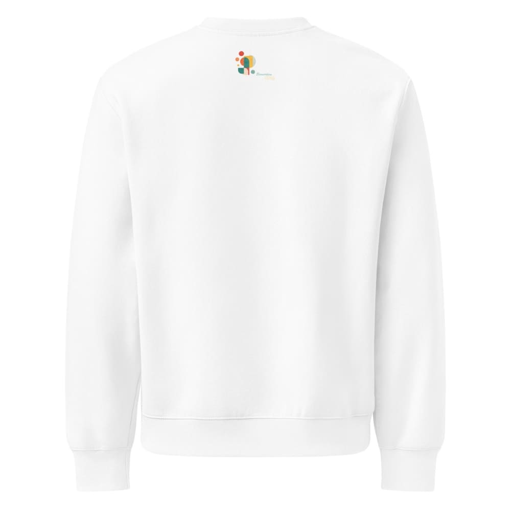 White sweatshirt with a colorful logo on the chest against a white background