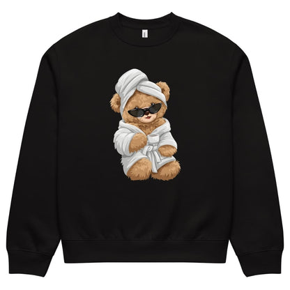 Black sweatshirt with a teddy bear wearing sunglasses, a robe, and a towel on a white background