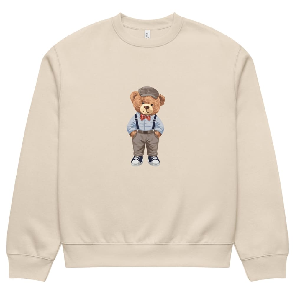 Beige sweatshirt with a teddy bear graphic on a white background