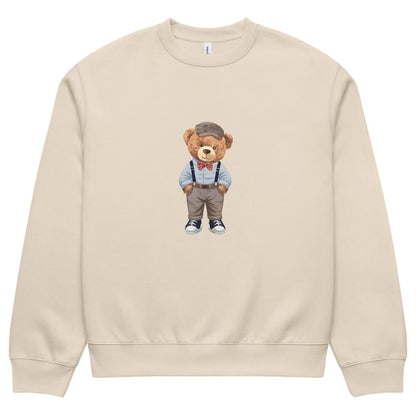 Beige sweatshirt with a teddy bear graphic on a white background