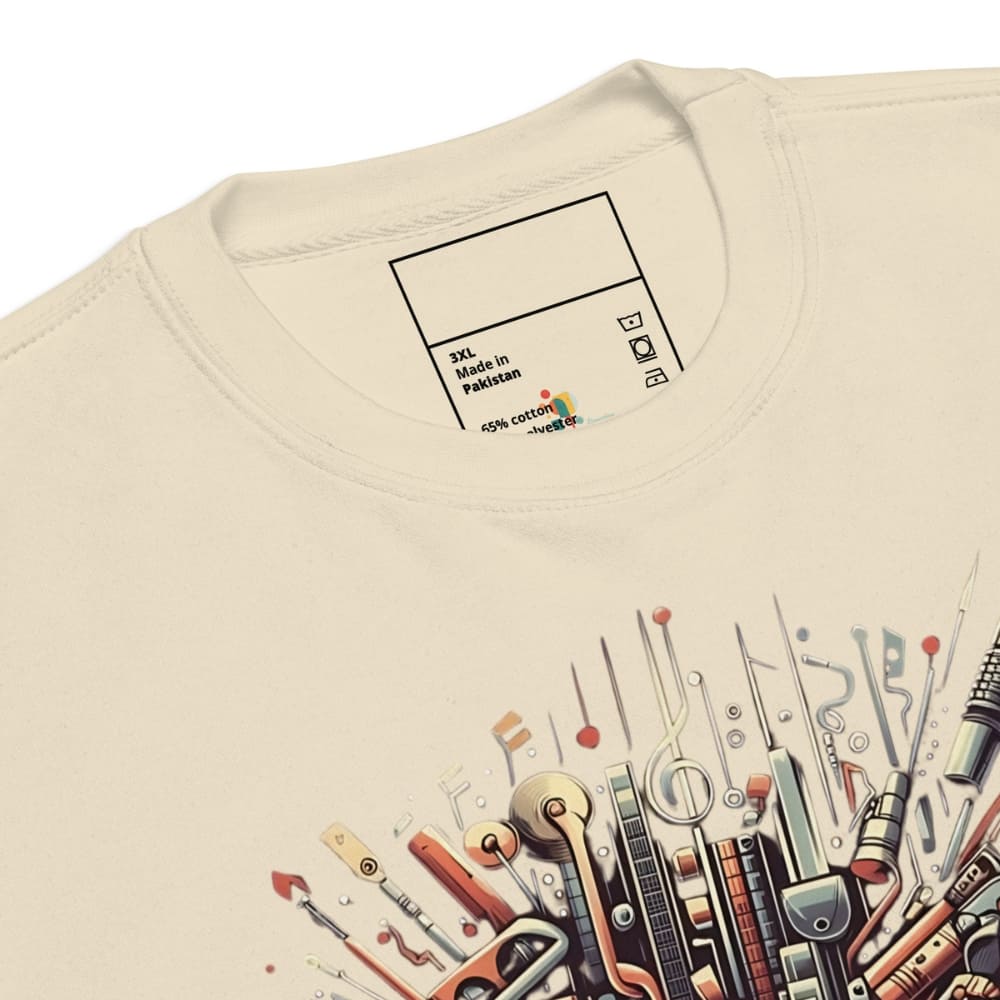 Beige sweatshirt with colorful graphic design on a white background