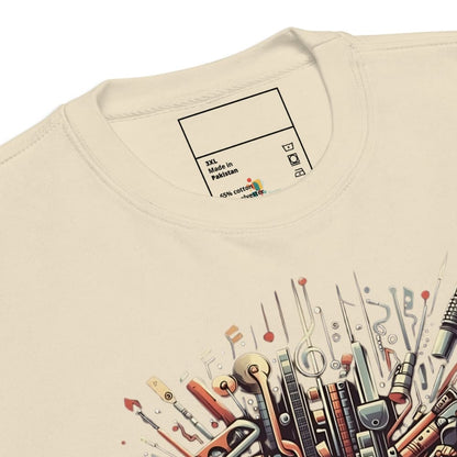 Beige sweatshirt with colorful graphic design on a white background