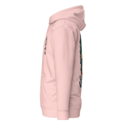 Pink hoodie with floral designs on a white background